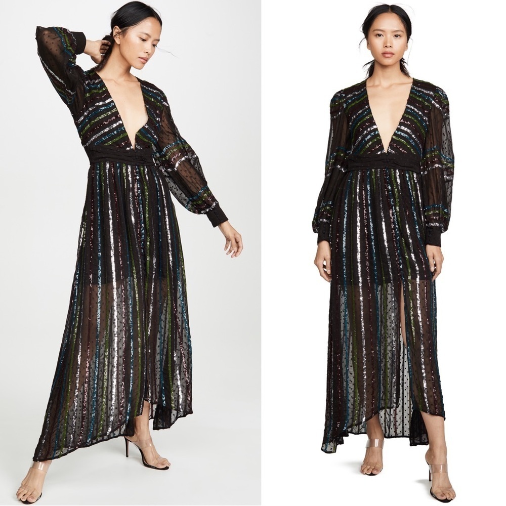 Rococo Sand • Sequin Striped Gown black chiffon rainbow swiss dot balloon sleeve
